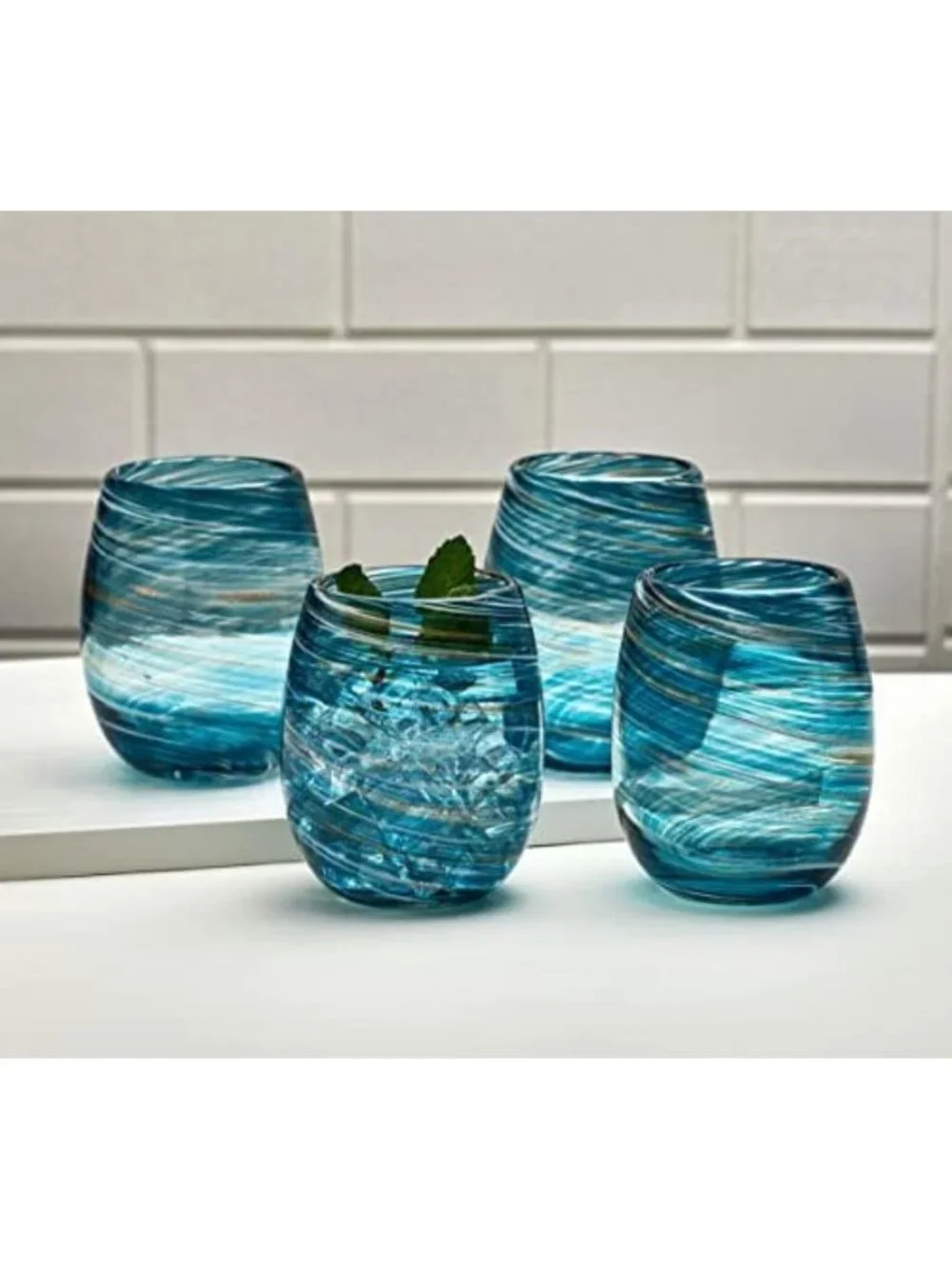 Colorful Stemless Wine Glasses Set of 4 - Elegant Blue Drinkware for Parties